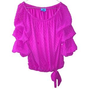 CeCe Magenta Sheer Swiss Dot Tie Front Blouse Off Shoulder Ruffle Sleeve Top M